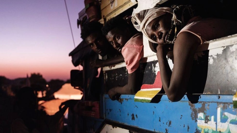 A bus transporting displaced Tigrayans