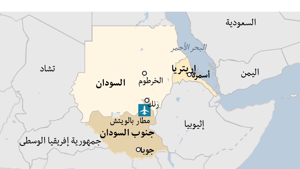 اشتباكات السودان: لاجئون إريتريون عالقون بين أزمتين 4 خريطة من بي بي سي تظهر موقع مدينة رنك ومطار بالويتش في جنوب السودان