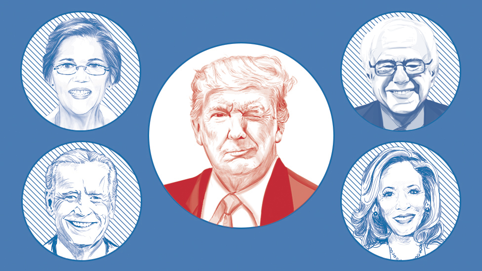 Composición que muestra a Donald Trump en el centro guiñándole un ojo a posibles contrincantes demócratas como Elizabeth Warren, Bernie Sanders, Joe Biden y Kamala Harris