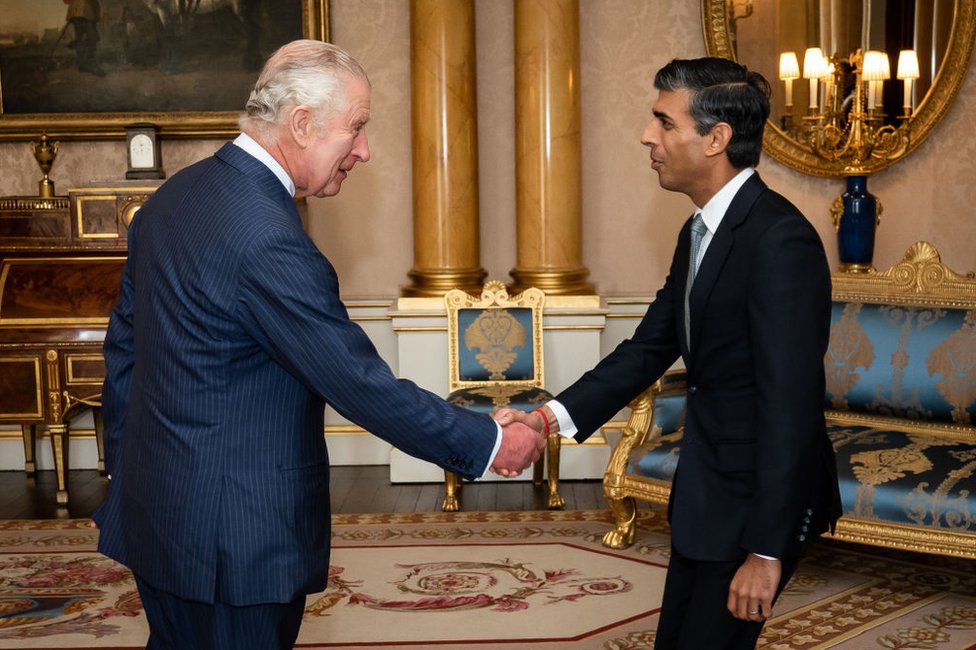 King Charles shaking the hand of incoming Prime Minister Rishi Sunak
