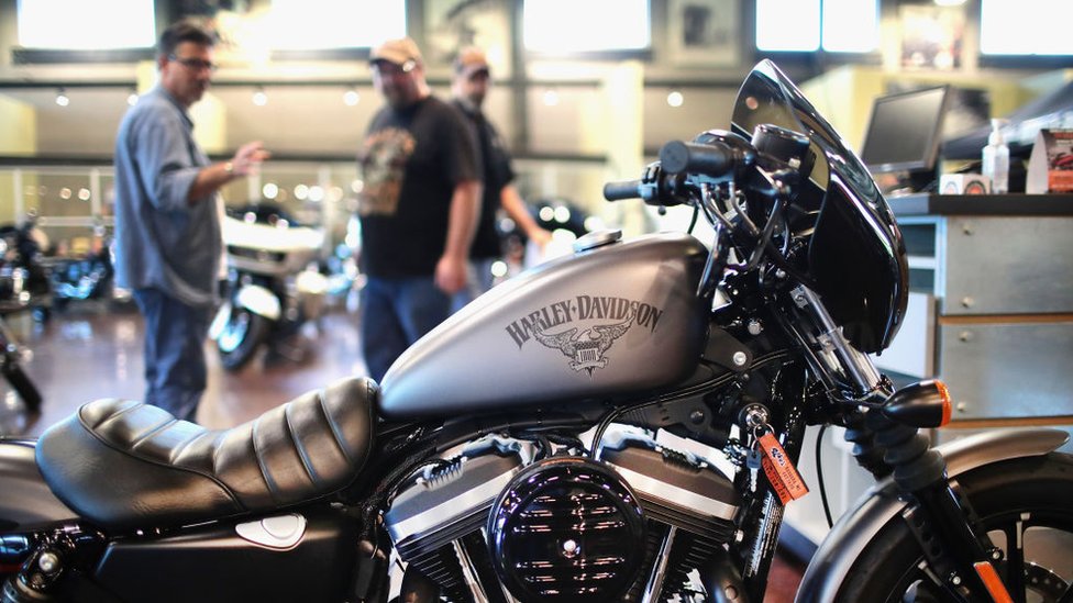 Dos hombres observan una motocicleta Harley-Davidson.
