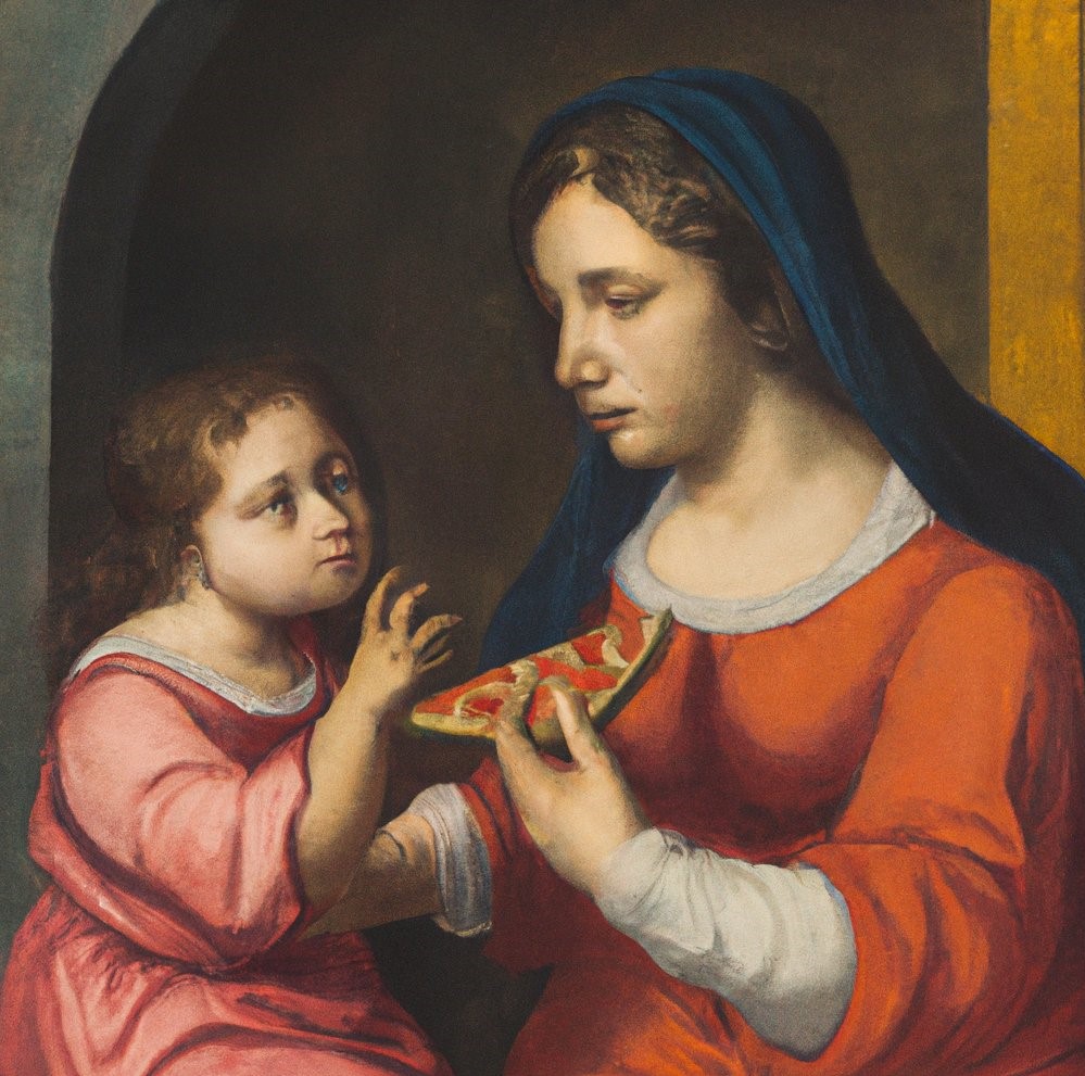 لوحة من لوحات عصر النهضة لأم تطعم ابنتها بيتزا