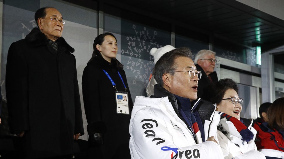 South Korean President Moon Jae-in, second from bottom right, stands alongside first lady Kim Jung-sook as the South Korean national anthem is played at the opening ceremony, with top left is Kim Yong Nam, president of the Presidium of North Korean Parliament, and Kim Yo Jong, sister of North Korean leader Kim Jong Un at the PyeongChang 2018 Winter Olympic Games