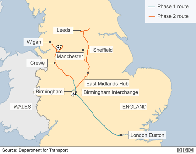 Карта, показывающая маршрут HS2