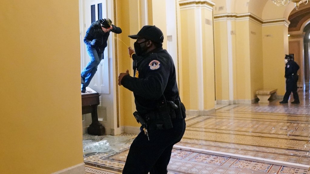 A US Capitol police officer shoots pepper spray at a protester attempting to enter the Capitol building