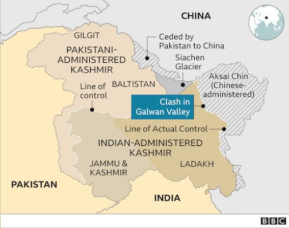 Peta mendetail Kashmir, Jammu, dan Ladakh yang menunjukkan wilayah-wilayah milik India, Pakistan, dan China.