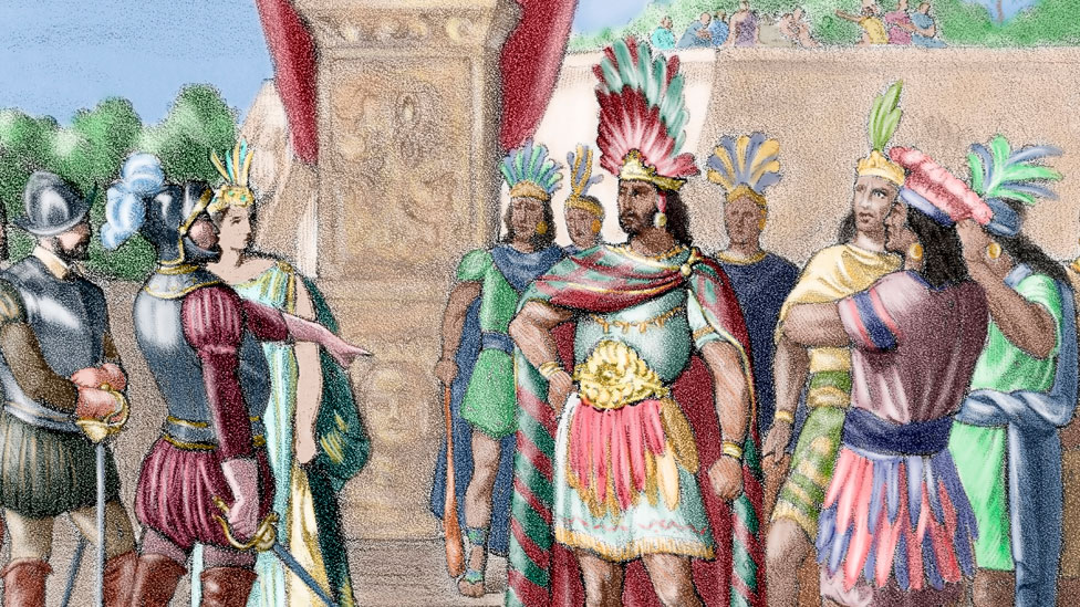 Una ilustración del encuentro entre Moctezuma II, que gobernó Tenochtitlán de 1502 a 1520, y el conquistador español Hernán Cortés.