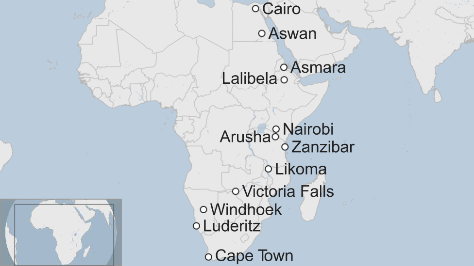 Карта запланированных остановок на пути из Кейптауна в Египет
