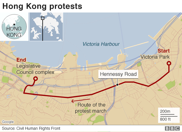 Маршрут воскресных протестов в Гонконге