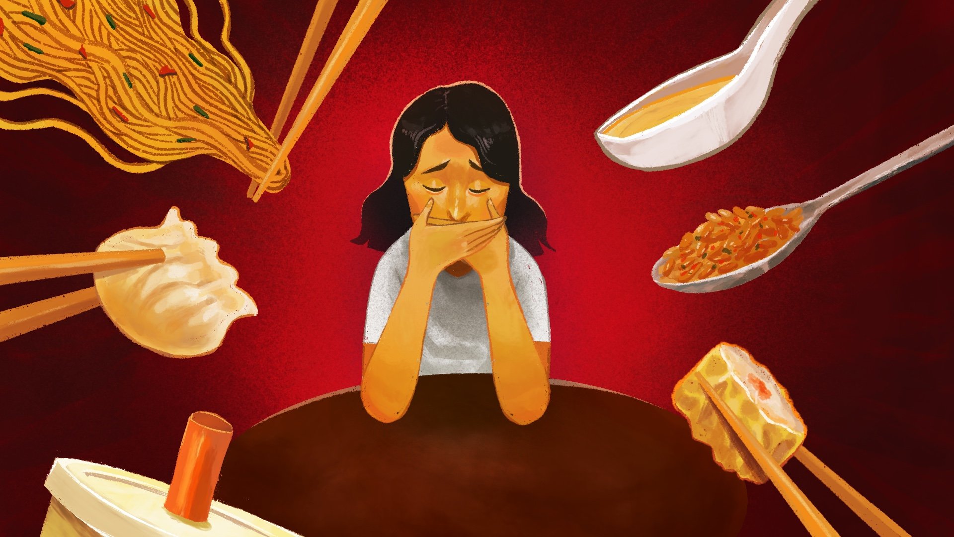 Illustration showing young woman covering her mouth whilst spoons and chopsticks enter the frame looking like she doesn't want to be fed.