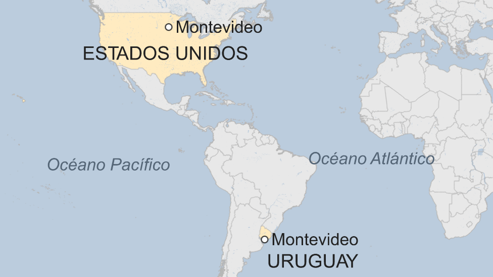 Mapa donde se ve a Montevideo, Estados Unidos, y a Montevideo, Uruguay.
