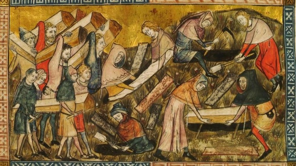 Ilustración que muestra personas quemando los cadáveres de personas muertas por la peste negra