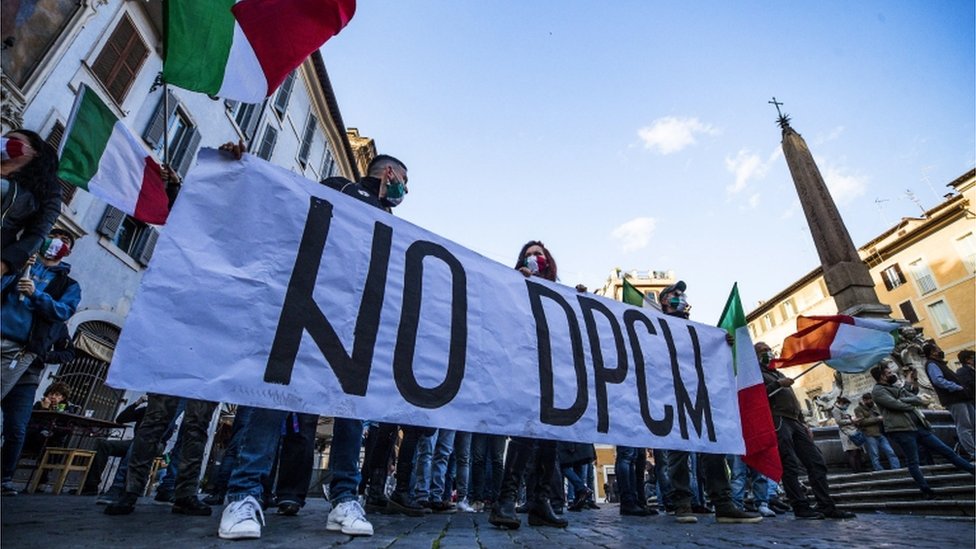 Protest against coronavirus restrictions in Rome, Italy, 13 November 2020.
