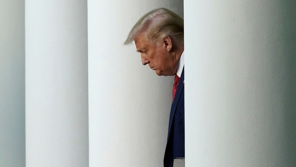 Sideview of President Trump amid White House pillars