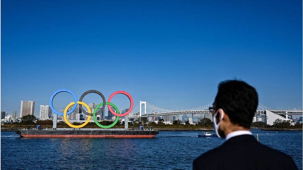 Man looking at Olympic rings