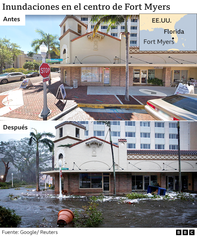 Antes y después del centro de Fort Myers, Florida, tras el paso del huracán Ian.