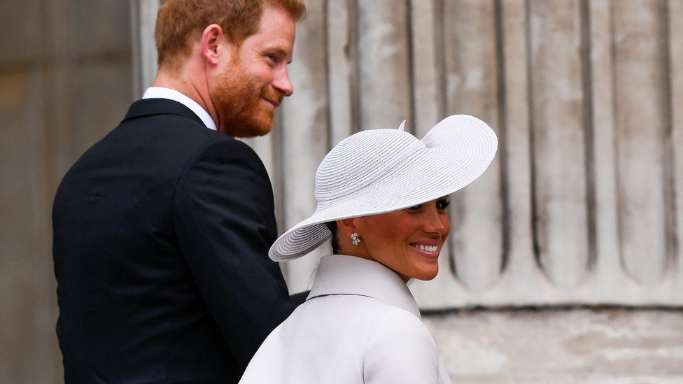 Prince Harry and Meghan, Duchess of Sussex, arrive for the National Service of Thanksgiving