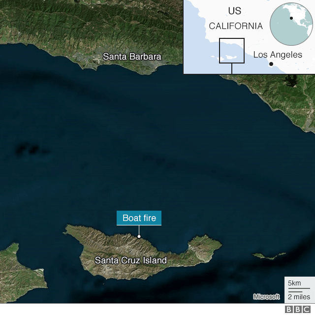 Map showing location of the fire north of Santa Cruz island