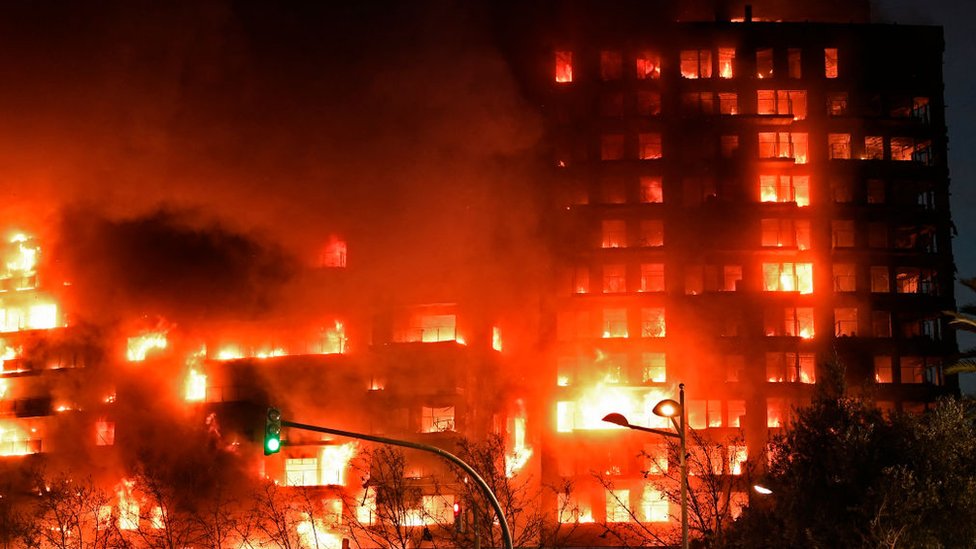 Valencia fire: High-rise building engulfed by flames in Spain