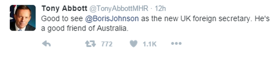 В твите написано: Приятно видеть Бориса Джонсона новым министром иностранных дел Великобритании. Он хороший друг Австралии.