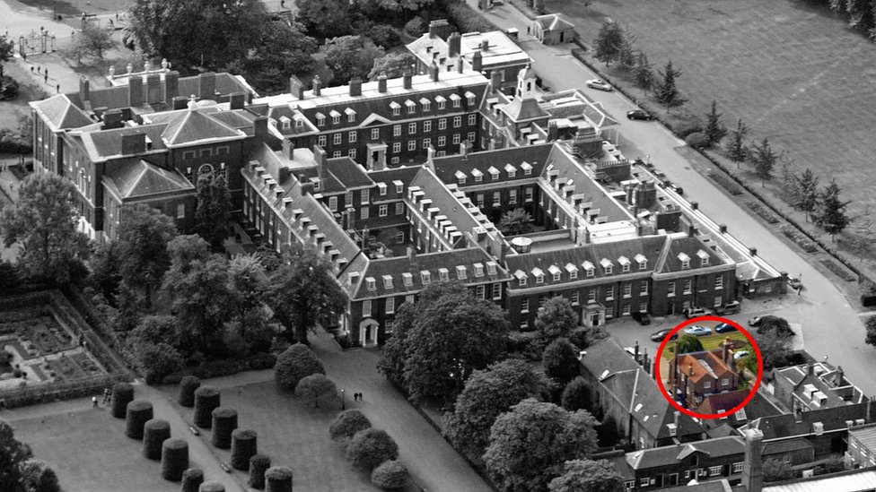 La pareja vivirá en Nottingham Cottage (rodeada por un círculo), en los terrenos del Palacio de Kensington. Nottingham Cottage en el Kensington Palace