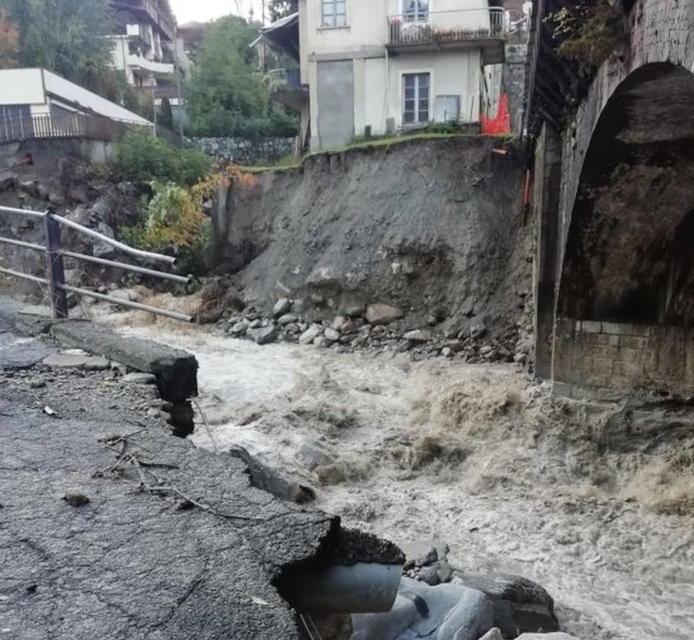 Damaged caused to a road near Cuneo in Italy's Piedmont region