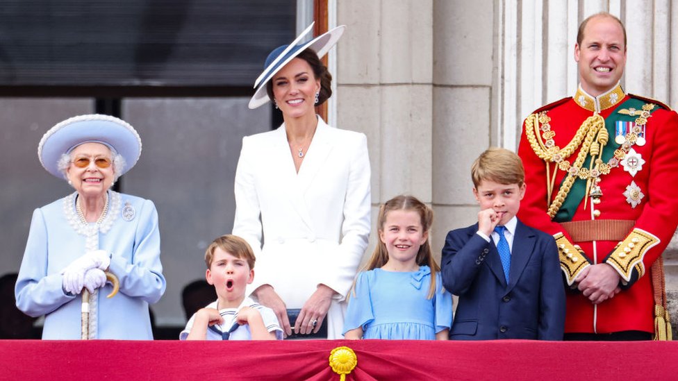 The Queen, Prince Louis, the Duchess of Cambridge, Princess Charlotte, Prince George and the Duke of Cambridge