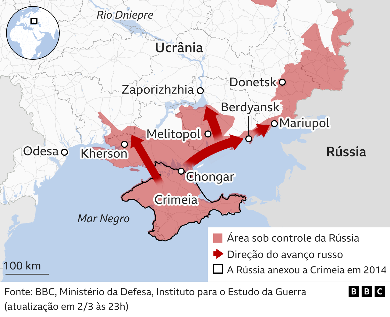 Mapa mostra avanço russo no sul da Ucrânia