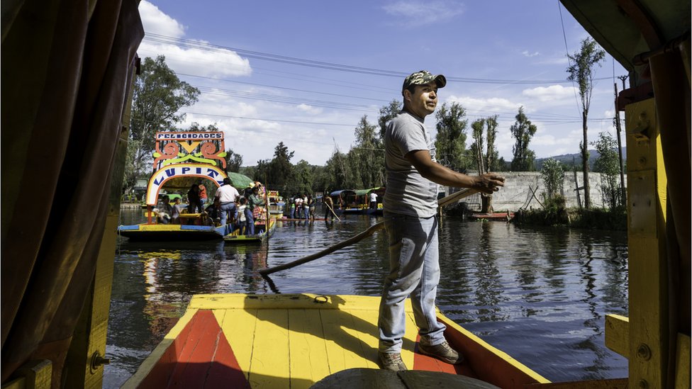 Un hombre sobre un bote en las chinampas de Xochimilco.