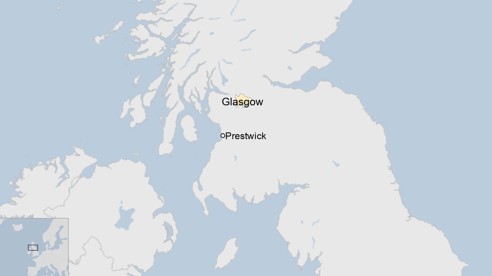 Mapa que muestra la distancia entre Prestwick y Glasgow