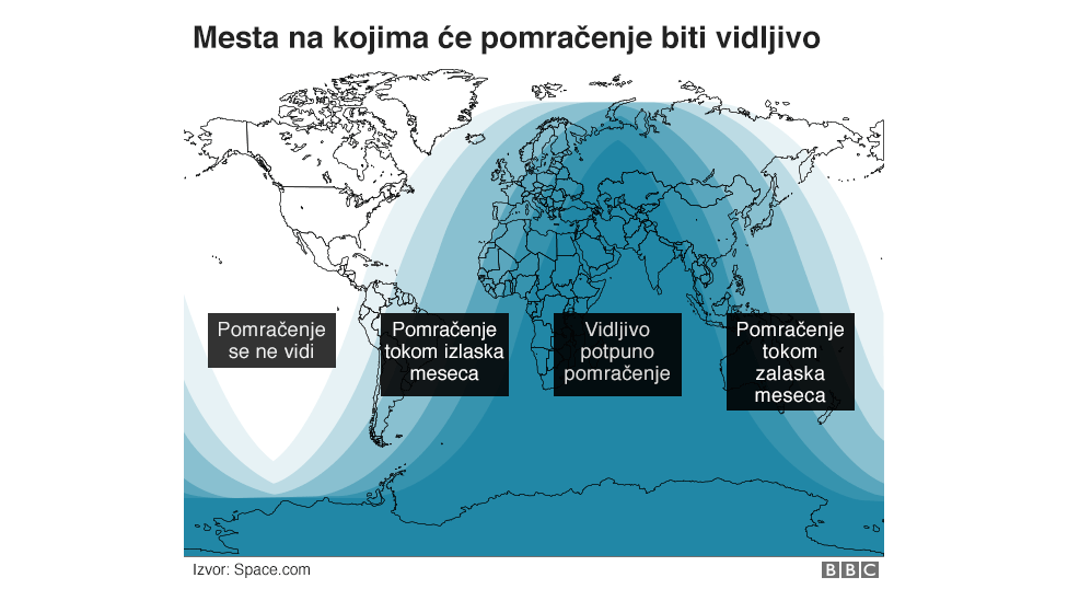 Mapa mesta na kojima će pomračenje biti vidljivo