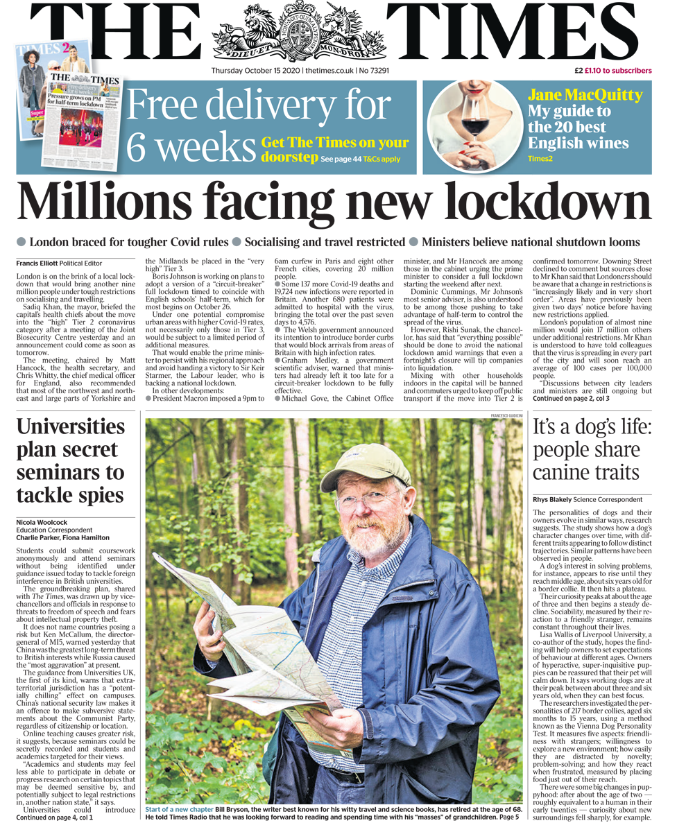 The Times front page 15/10/20