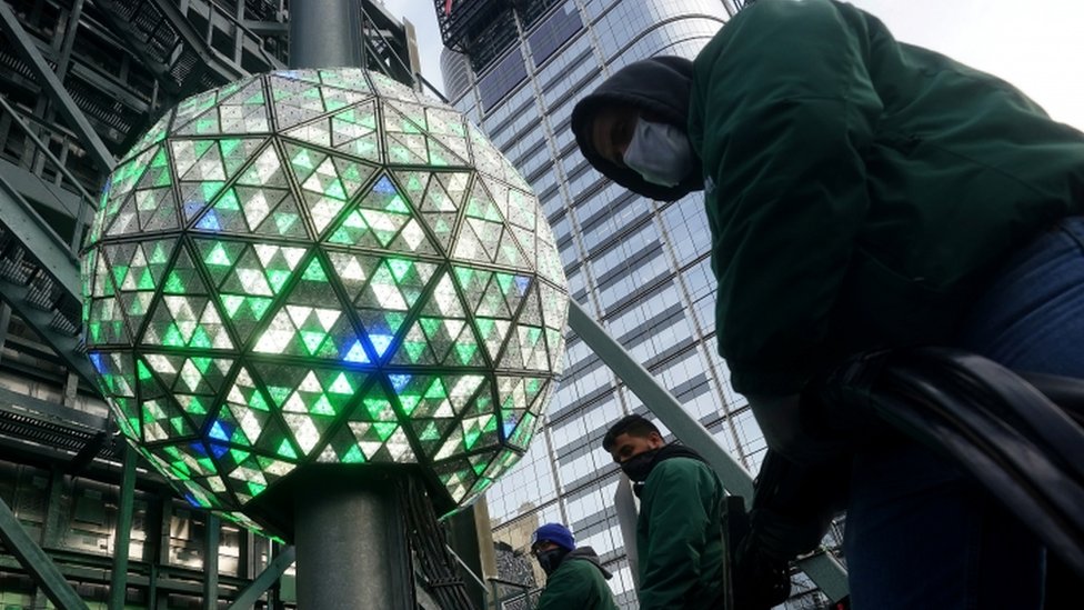 The Times Square ball is tested out for the media ahead of the New Year's celebration in Times Square