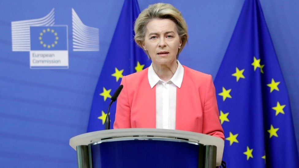 European Commission President Ursula von der Leyen gives a press statement