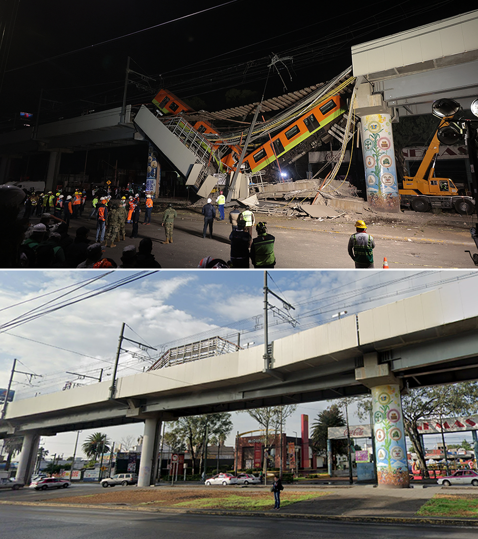 Antes y después del viaducto colapsado.