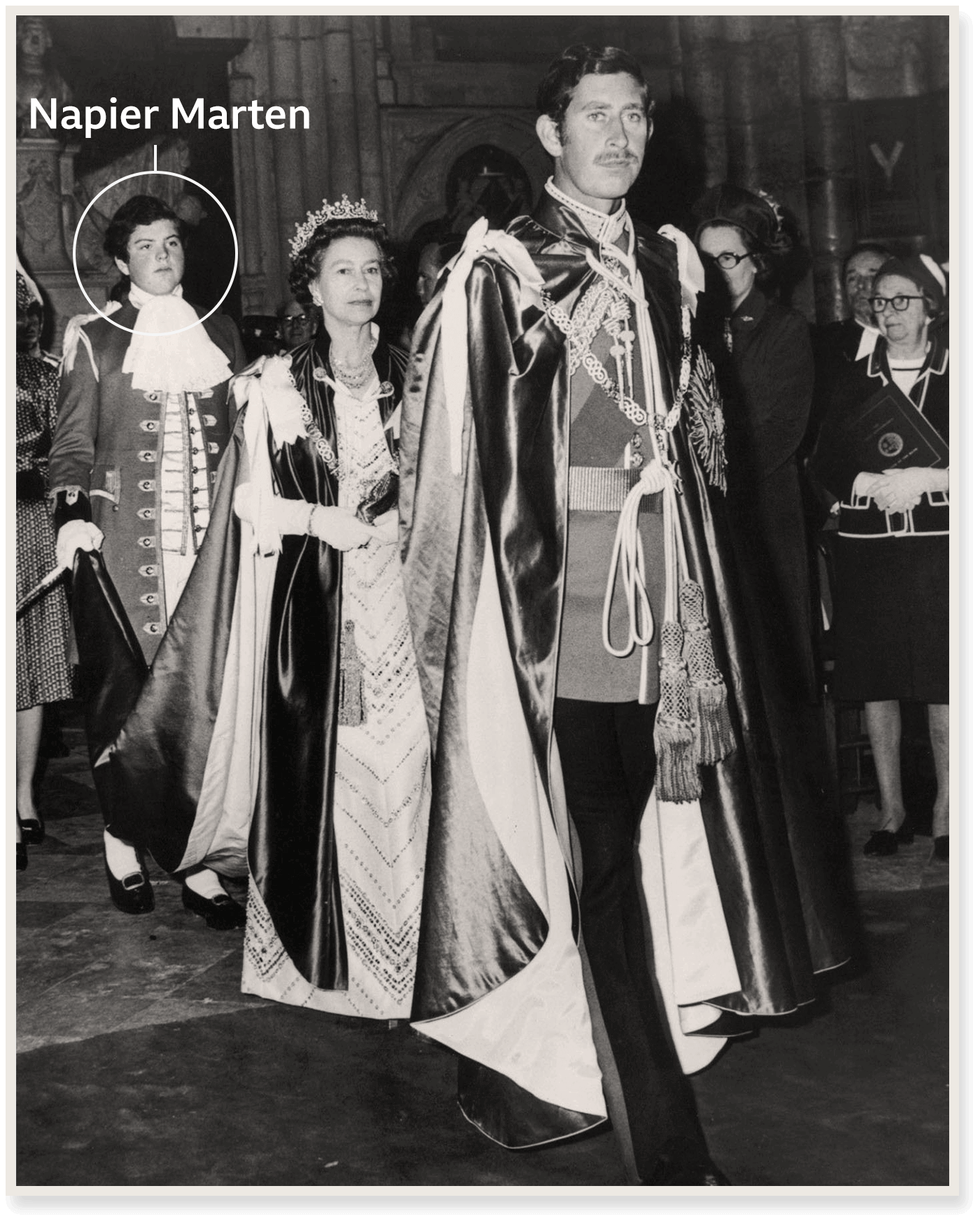 Queen Elizabeth II and Prince Charles in Westminster Abbey, with Napier Marten acting as a Page of Honour in the background - 28 May 1975