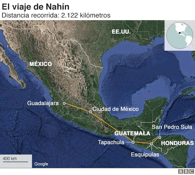 Mapa del recorrido que hizo Nahín desde Honduras hasta México.