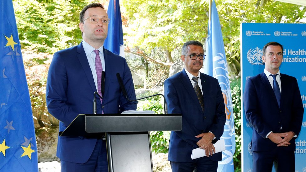 Jens Spahn, Tedros Adhanom Ghebreyesus, Olivier Veran in Geneva