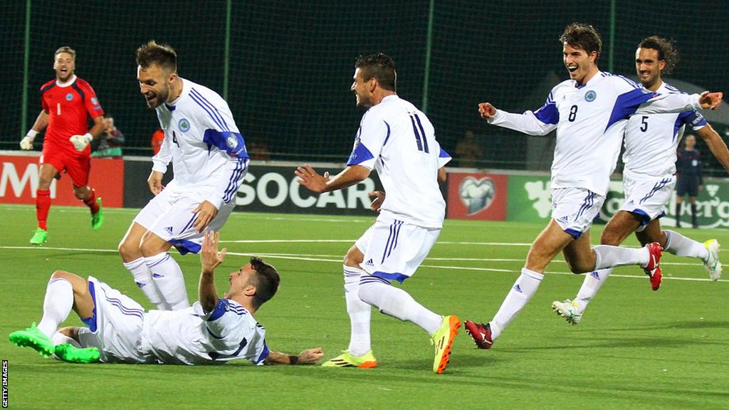 Matteo Vitaioli celebrates scoring for San Marino against Lithuania in Euro 2016 qualifying in September 2015