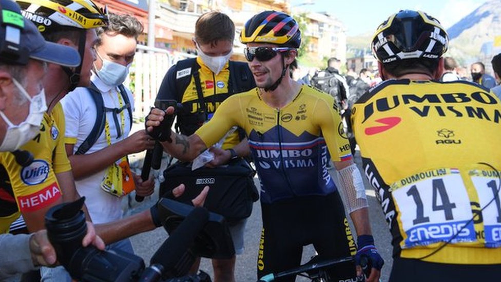 Primoz Roglic (centre) celebrates with his Jumbo-Visma team-mates after winning stage four of the 2020 Tour de France