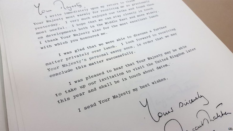 Письмо Маргарет Тэтчер королю Саудовской Аравии Фахду после их встречи в Эр-Рияде в апреле 1985 г.