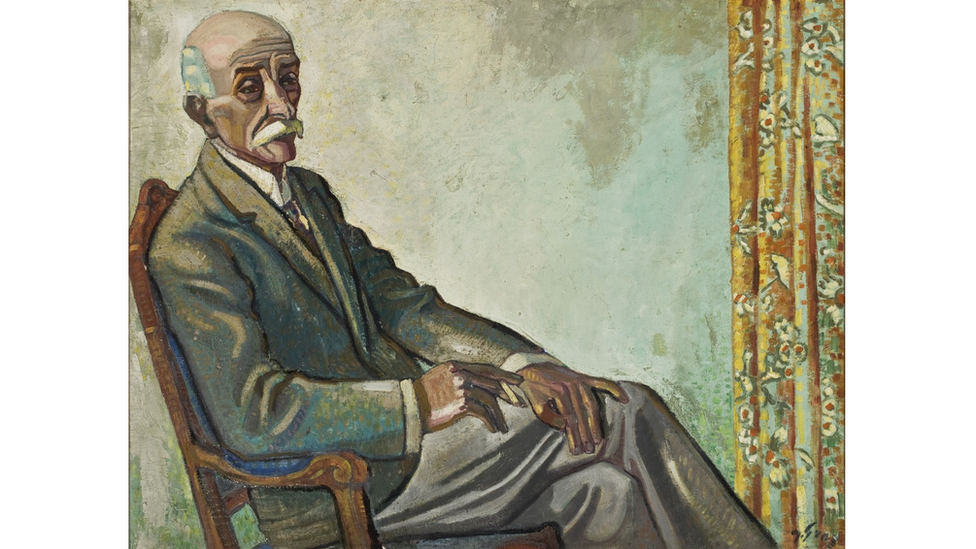O quadro de John Graz retrata o desembargador Gabriel Gonçalves Gomide, um homem de cabelos brancos e bigode, em uma cadeira