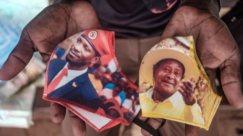 Face masks with images of Bobi Wine and Yoweri Museveni