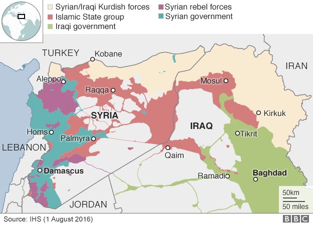 Карта Сирии и Ирака с изображением контроля со стороны государственных и негосударственных вооруженных групп