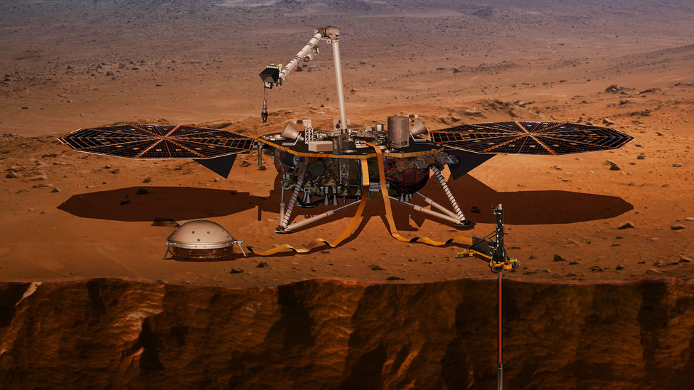 Ilustración de InSight desplegando sus instrumentos sobre la superficie de Marte