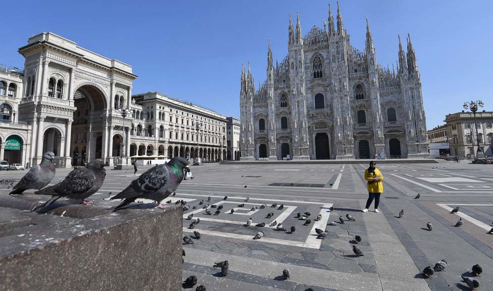 The deserted Piazza Duomo in Milan, Italy
