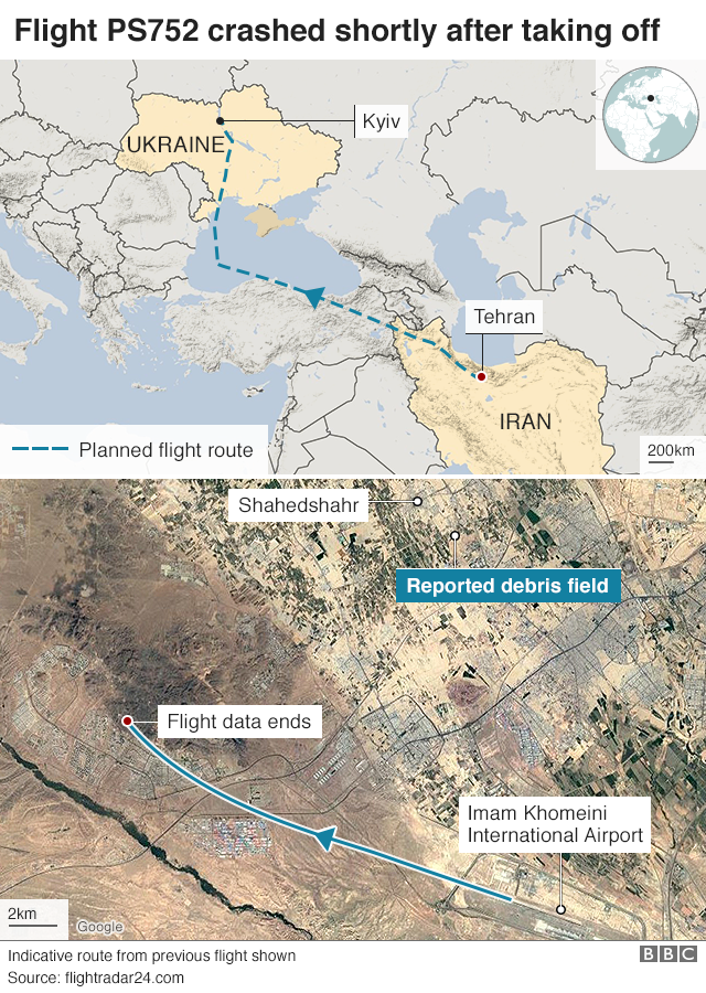 Карта с изображением авиакатастрофы в Иране