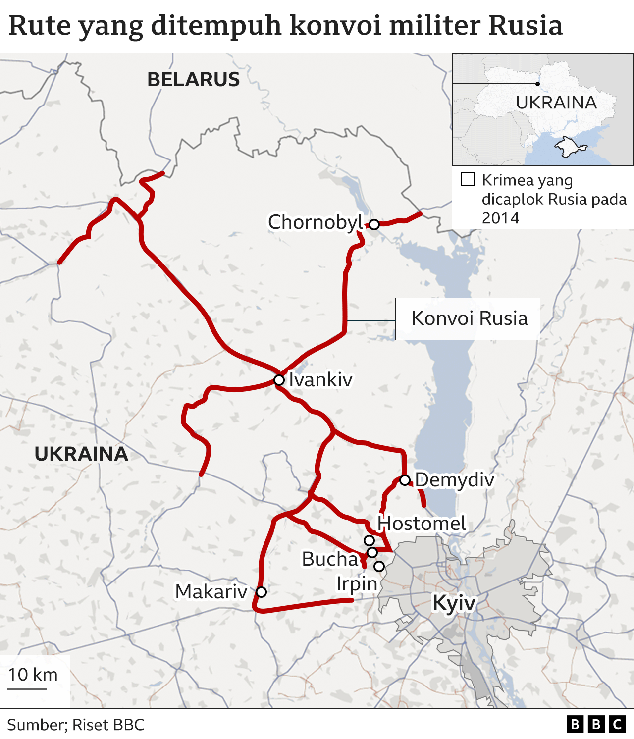 Peta yang menunjukkan semua jalan yang dilalui konvoi selama Februari hingga Maret 2022