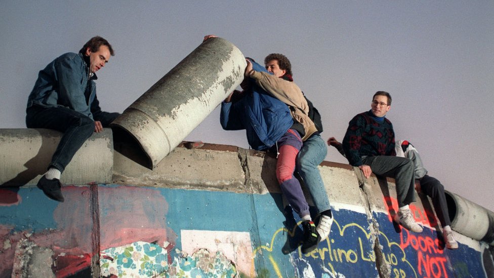 West Berliners on the Berlin wall, on November 16, 1989, in Berlin