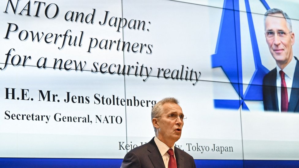NATO Secretary General Jens Stoltenberg gives a speech during a visit to Keio University in Tokyo on February 1, 2023.